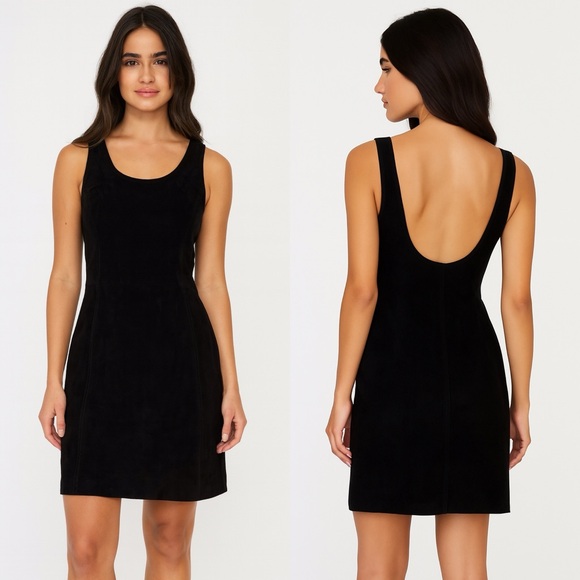 Morgan Taylor vintage black suede sleeveless sheath dress XS scoop back biker - Picture 1 of 10